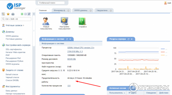 Панель управления с Информацией о системе.